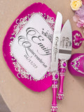 Hot Pink quinceanera cake knife set with plate and fork