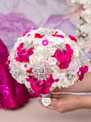 Fuchsia with silver quinceanera guest book with pen