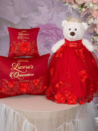 Red Quinceanera pillows set and teddy bear