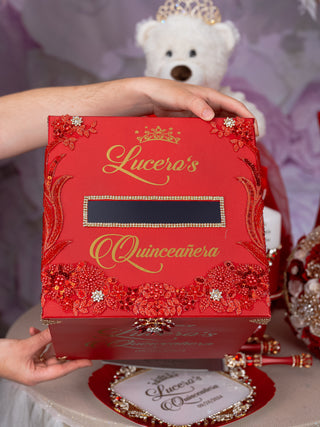 Red gold quinceanera guest book with pen