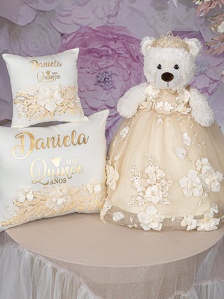 Gold Quinceanera pillows set and teddy bear with flowers