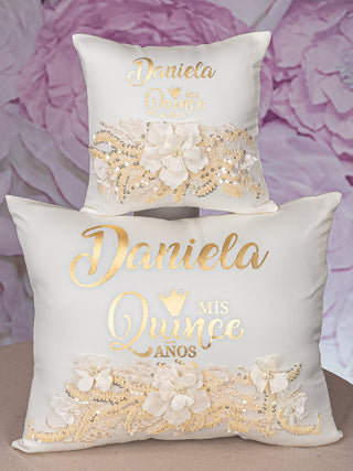 Gold Quinceanera pillows set and teddy bear with flowers