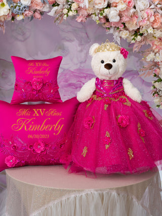 Fuchsia Quinceanera pillows set and teddy bear