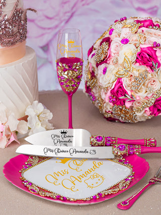 Fuchsia quinceanera package of bottle, glass and candle Kitty design