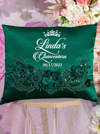 Green with Silver quinceanera kneeling pillow, shoes pillow