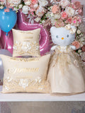 Gold Quinceanera pillows set and última muñeca