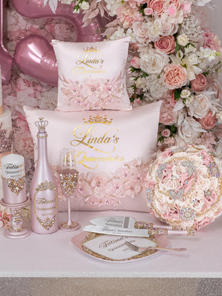 Pink and Gold Quinceanera brindis package with candle