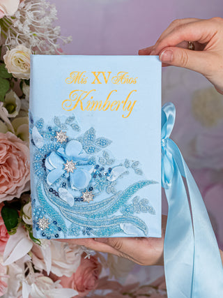 Light Blue with gold album de fotos para Quinceanera