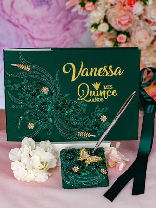 Green quinceanera guest book with pen