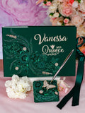 Green with silver quinceanera guest book with pen