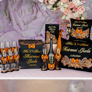 Black burnt orange Quinceanera Bottle with 4 Glasses