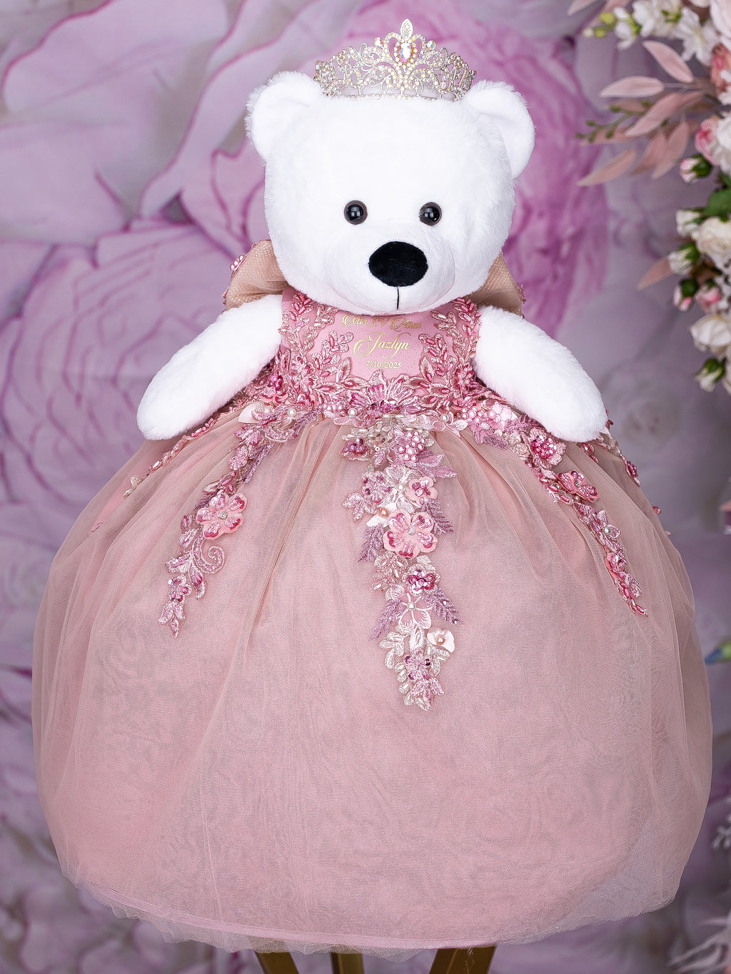 pink bear dresses Blush Gold Quinceanera Teddy Bear Doll