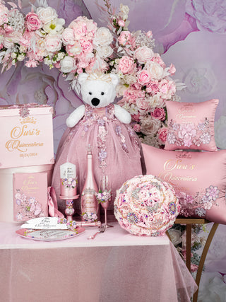 Rose gold blush floral Quinceanera pillows set and teddy bear