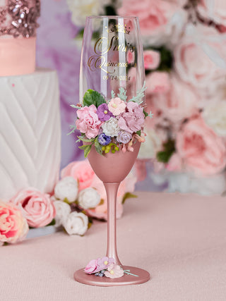 Rose Gold blush floral Quinceanera Bottle with 1 Glass