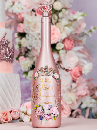 Rose Gold blush floral Quinceanera Bottle with 1 Glass