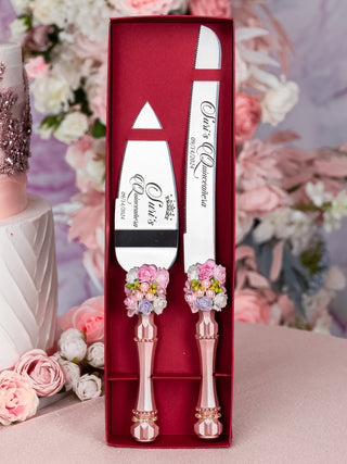 Rose Gold blush floral Quinceanera cake knife set with plate and fork