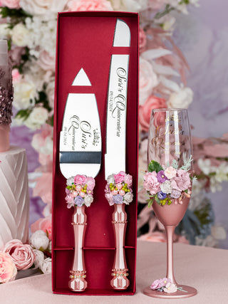 Rose Gold blush floral Quinceanera cake knife set with 1 glass