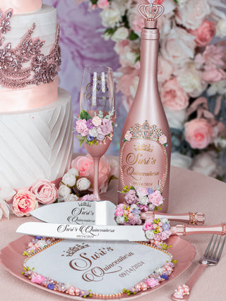 Rose gold blush floral brindis package with bottle 