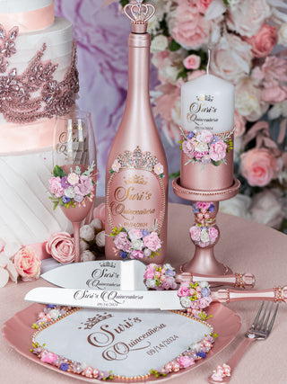 Rose Gold blush floral Quinceanera Package of Bottle, Glass and Candle