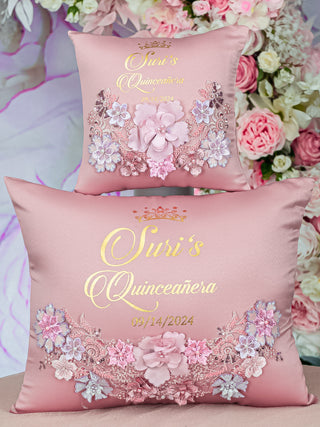 Rose Gold blush floral quinceanera kneeling pillow, shoes pillow