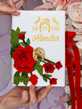 Charro Quinceanera Bible with Rosary in white and red