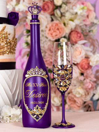 Purple Gold Quinceanera Bottle with 1 Glass