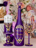 Purple Gold Quinceanera Package of Bottle, Glass and Candle