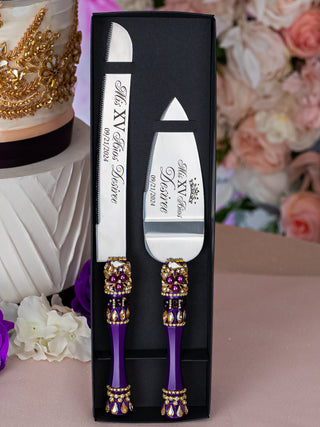 Purple Gold Quinceanera cake knife set with 1 glass