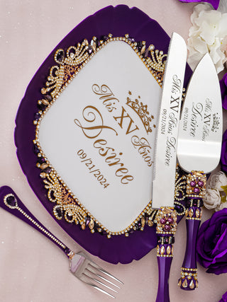 Purple Gold quinceanera cake knife set with 2 glasses