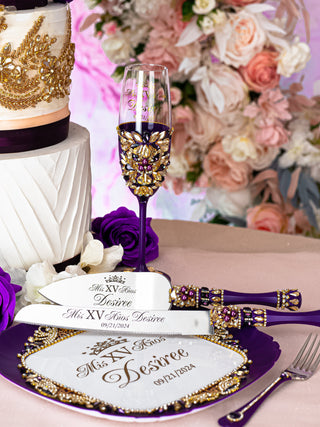 Purple Gold quinceanera cake knife set with 2 glasses