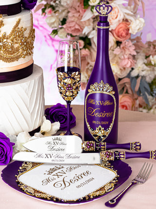 Purple Gold Quinceanera Bottle with 1 Glass