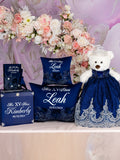 Navy Blue with silver Quinceanera package of Money Card Box, Bible, pillows set and Teddy Bear