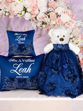 Navy Blue silver with flowers Quinceanera pillows set and teddy bear