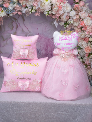 Pink with Butterfly Quinceanera pillows set and Muñeca