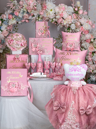 Dusty Pink with Bow Quinceanera mega package with Muneca