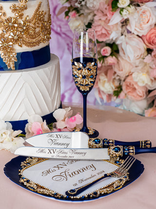 Navy blue Quinceanera cake knife set with 1 glass