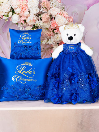 Royal Blue with flowers Quinceanera pillows set and Teddy Bear