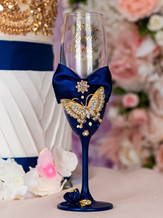 Navy blue with butterflies Quinceanera Bottle with 1 Glass