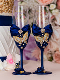 Navy blue with butterflies 2 quinceanera champagne glasses