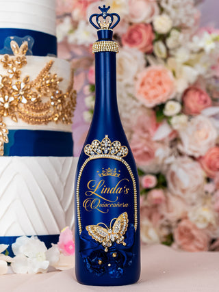 Navy blue with butterflies quinceanera bottle with 2 glasses