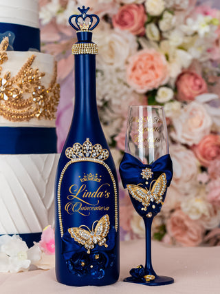 Navy blue with butterflies Quinceanera Bottle with 1 Glass