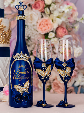 Navy blue with butterflies 2 quinceanera champagne glasses