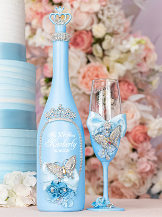 Light blue with butterflies 1 quinceanera champagne glass