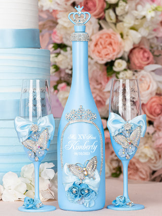 Light blue with butterflies Quinceanera Bottle