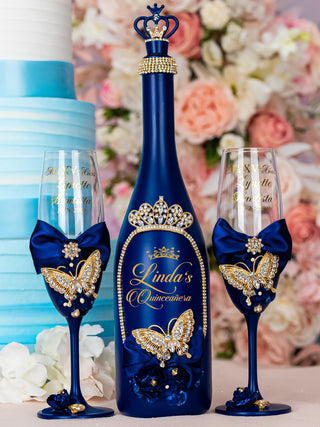 Navy blue with butterflies quinceanera bottle with 2 glasses