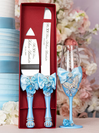 Light blue with butterflies Quinceanera cake knife set with 1 glass