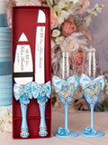 Light blue with butterflies quinceanera cake knife set with 2 glasses