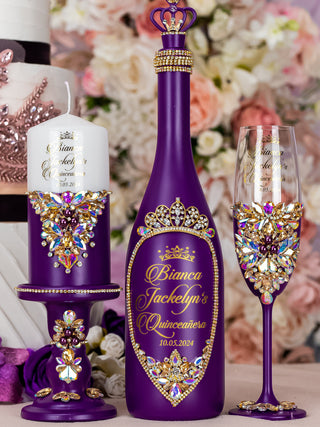 Plum Quinceanera brindis package with bottle and candle