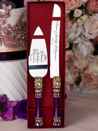 Plum Quinceanera cake knife set with plate and fork