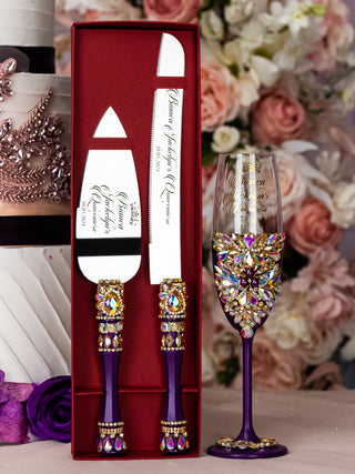 Plum quinceanera cake knife and server